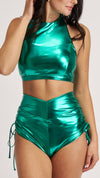 High Waist Drawstring Bottoms Metallic Green