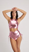 High Waist Drawstring Bottoms Metallic Baby Pink