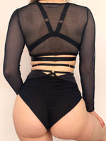 Sasha Top - Strappy V Cut Out Mesh Long Sleeve Top Black