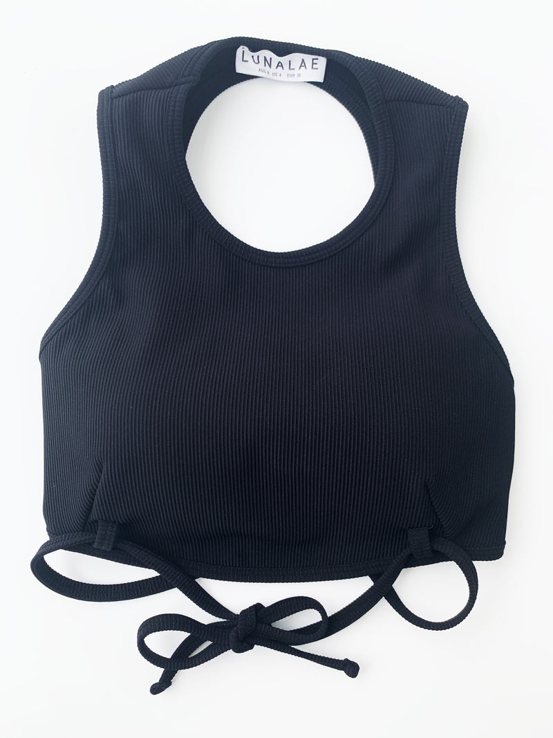 Mabel Top - Ribbed High Neck Tie Front Crop Top Black