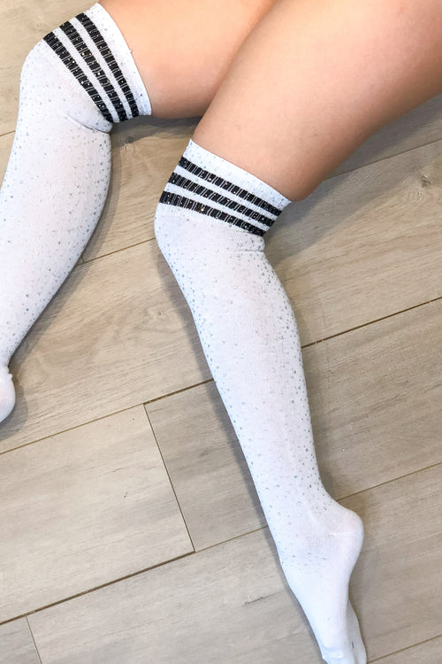 Thigh High Diamonte Socks-White/Black Stripe