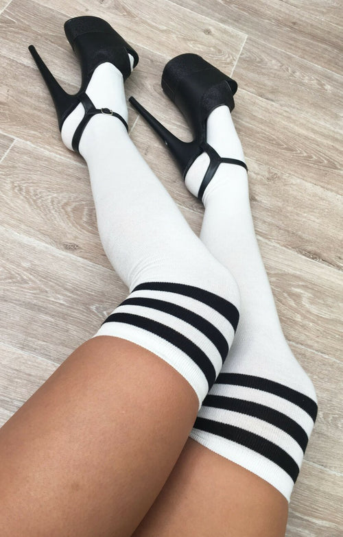 White thigh high socks with black stripe