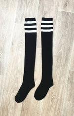 Black Thigh High Socks with White Stripe